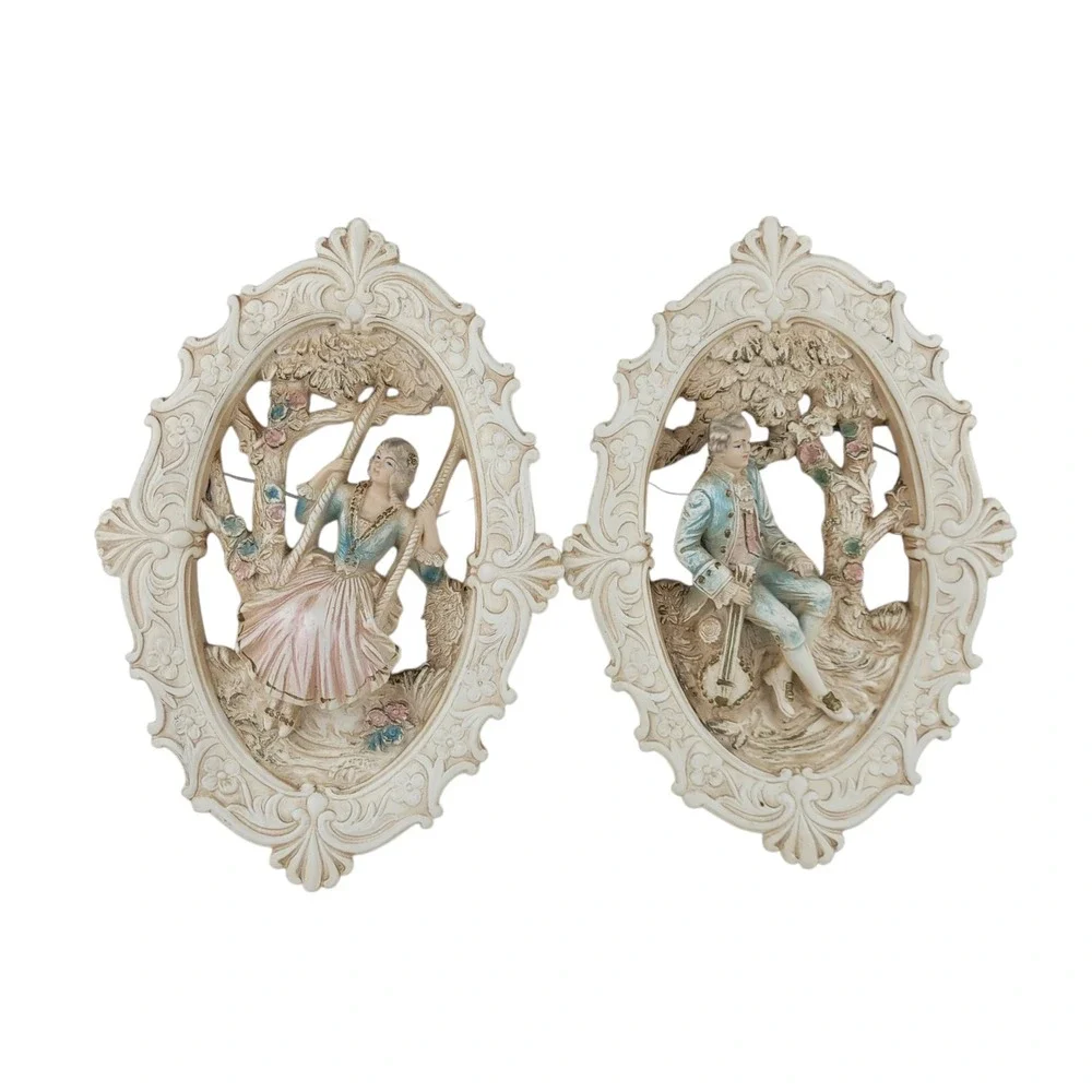 Vintage 1962 Jayess United Chicago Chalkware Wall Plaques Rococo Couple Set of 2